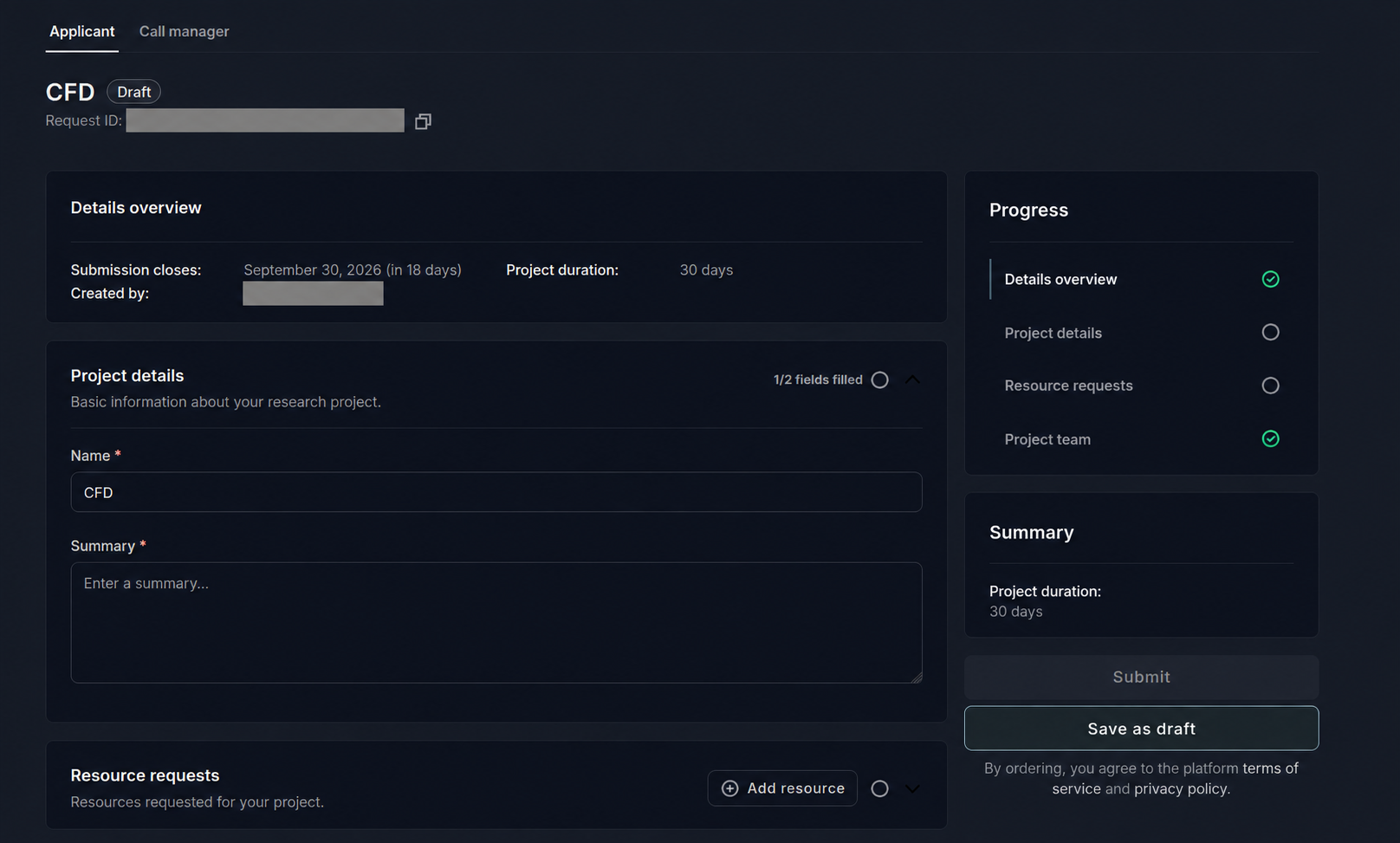 ICARUS draft proposal with project details, resource requests, project team progress, and submission controls; applicant name and request ID obscured.