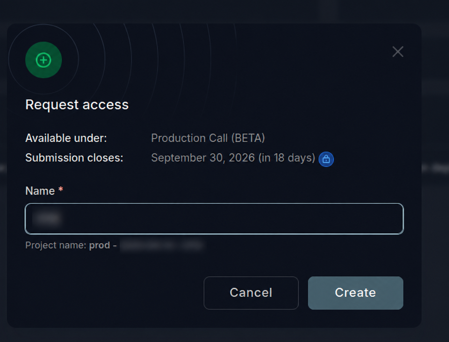 Request access dialog for a call, with a project name and Create button.