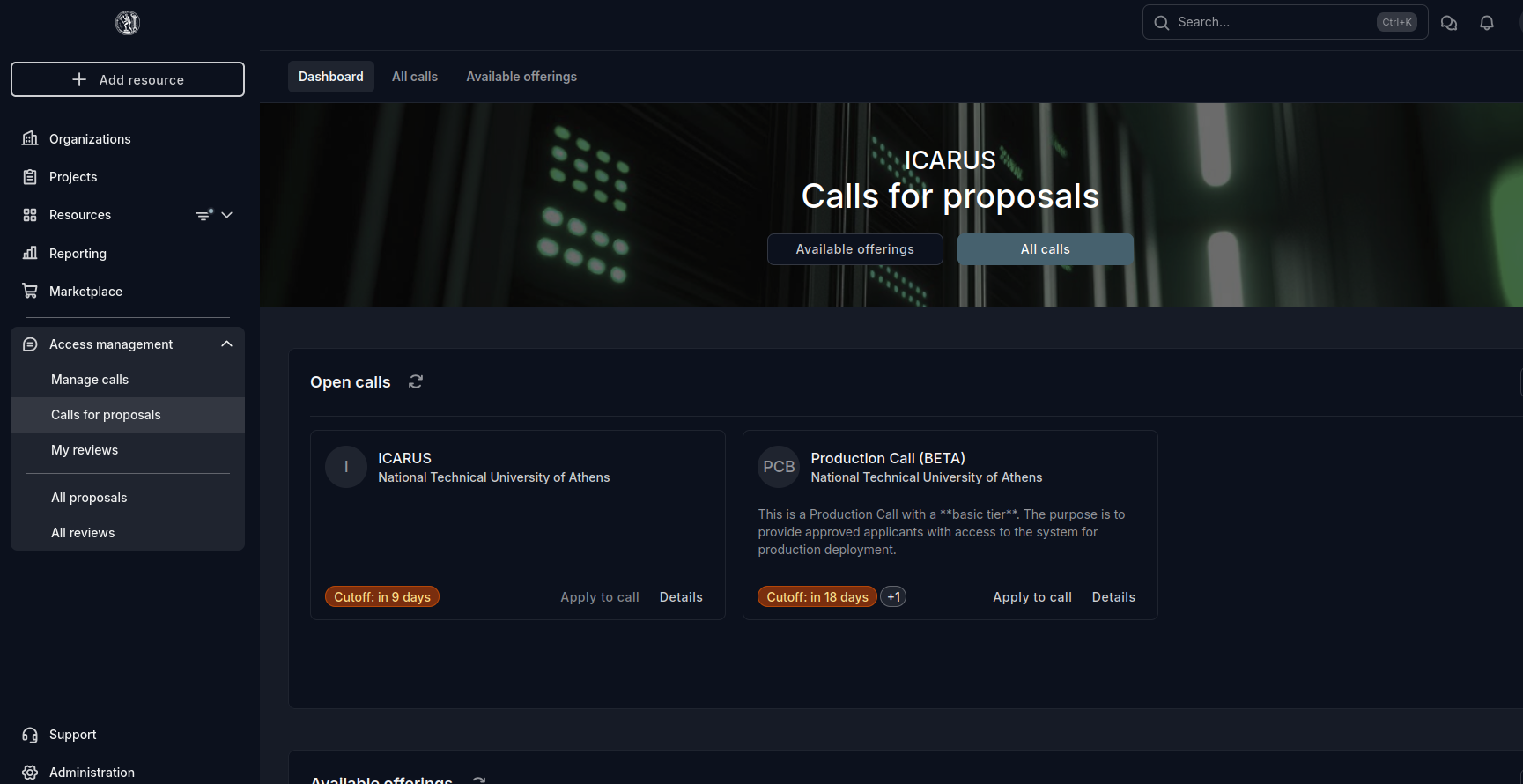 ICARUS Calls for proposals dashboard showing open calls, Details, and Apply to call.