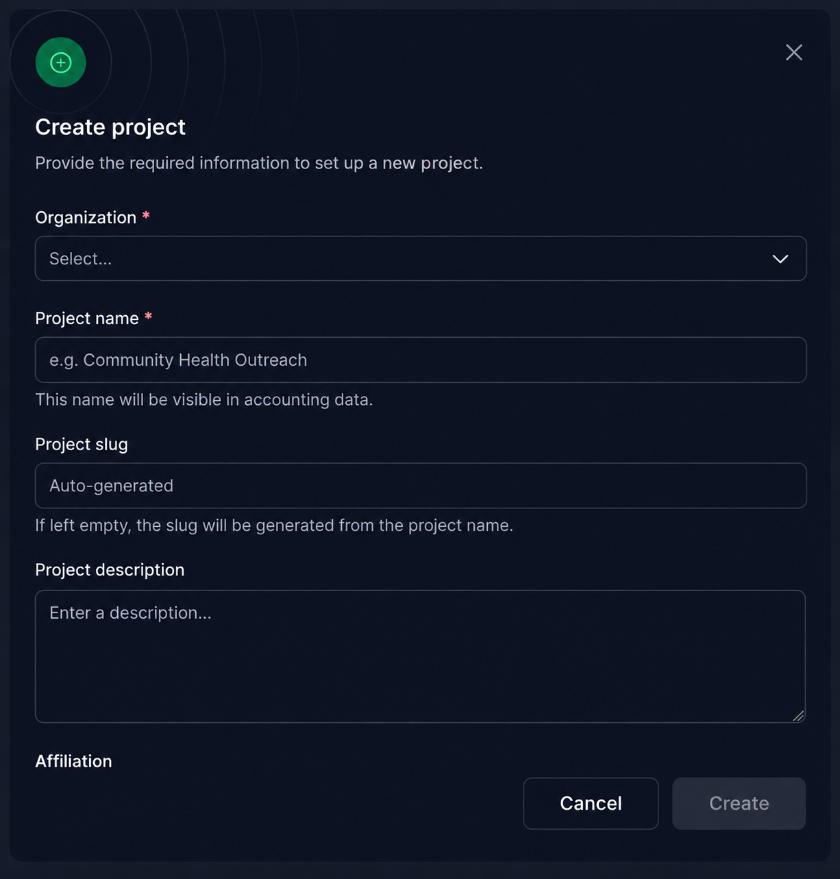 ICARUS Create project dialog with organization, project name, slug, and description fields.