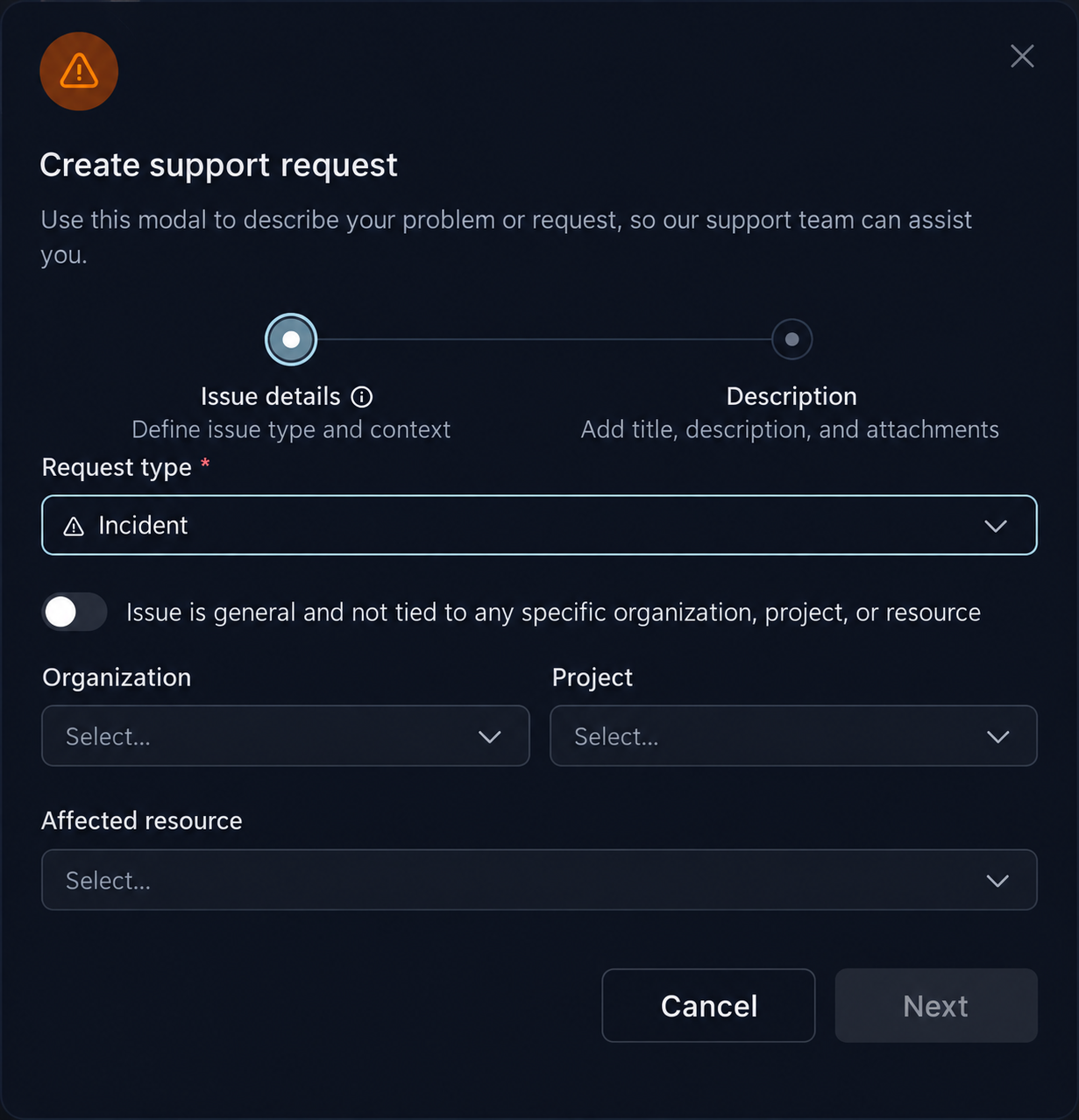 ICARUS Create support request dialog showing request type and project/resource context.