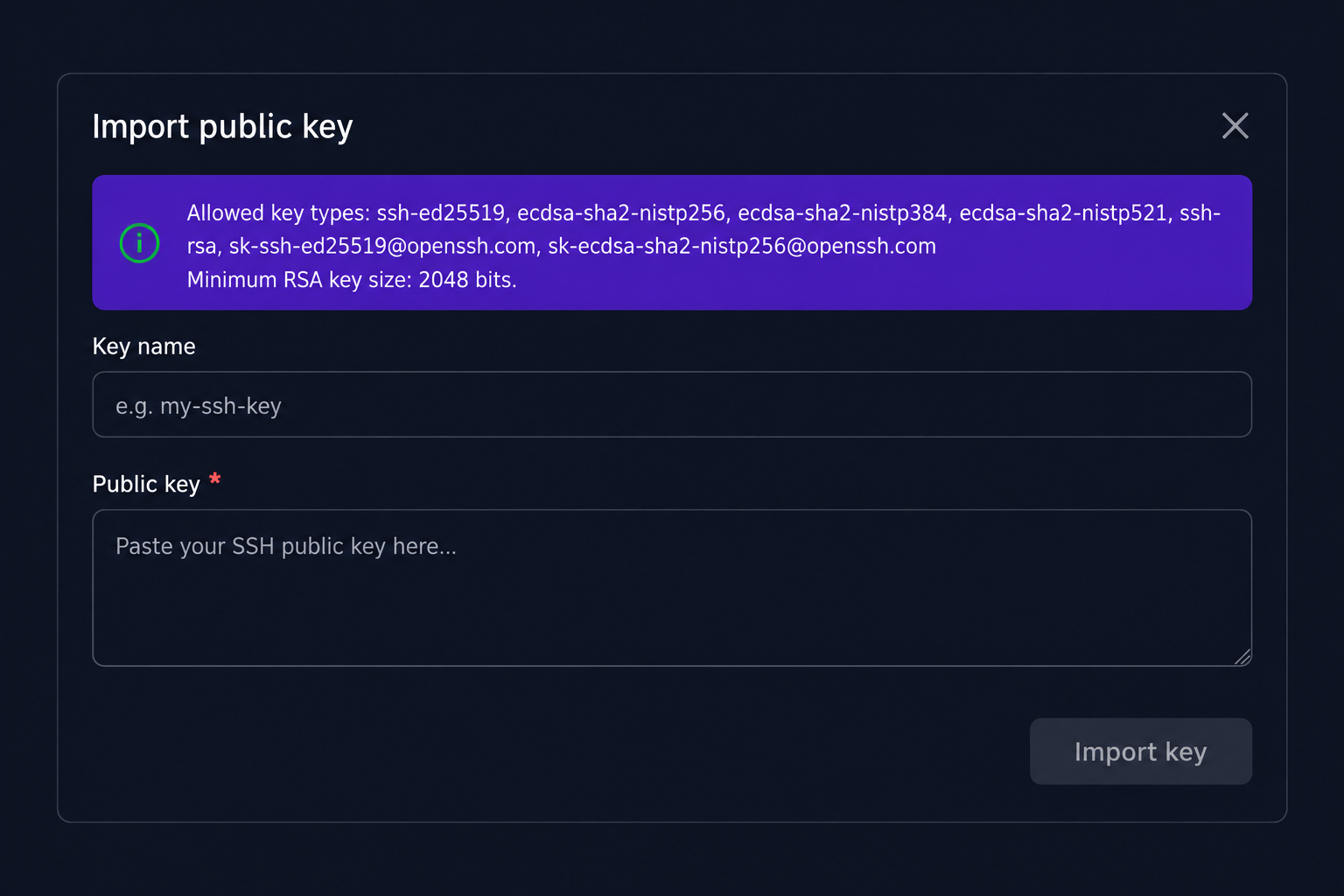 ICARUS Import public key dialog with Key name, Public key, and Import key controls.