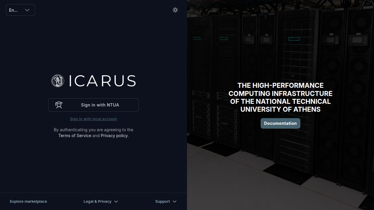 ICARUS login page with Sign in with NTUA and Sign in with local account options.