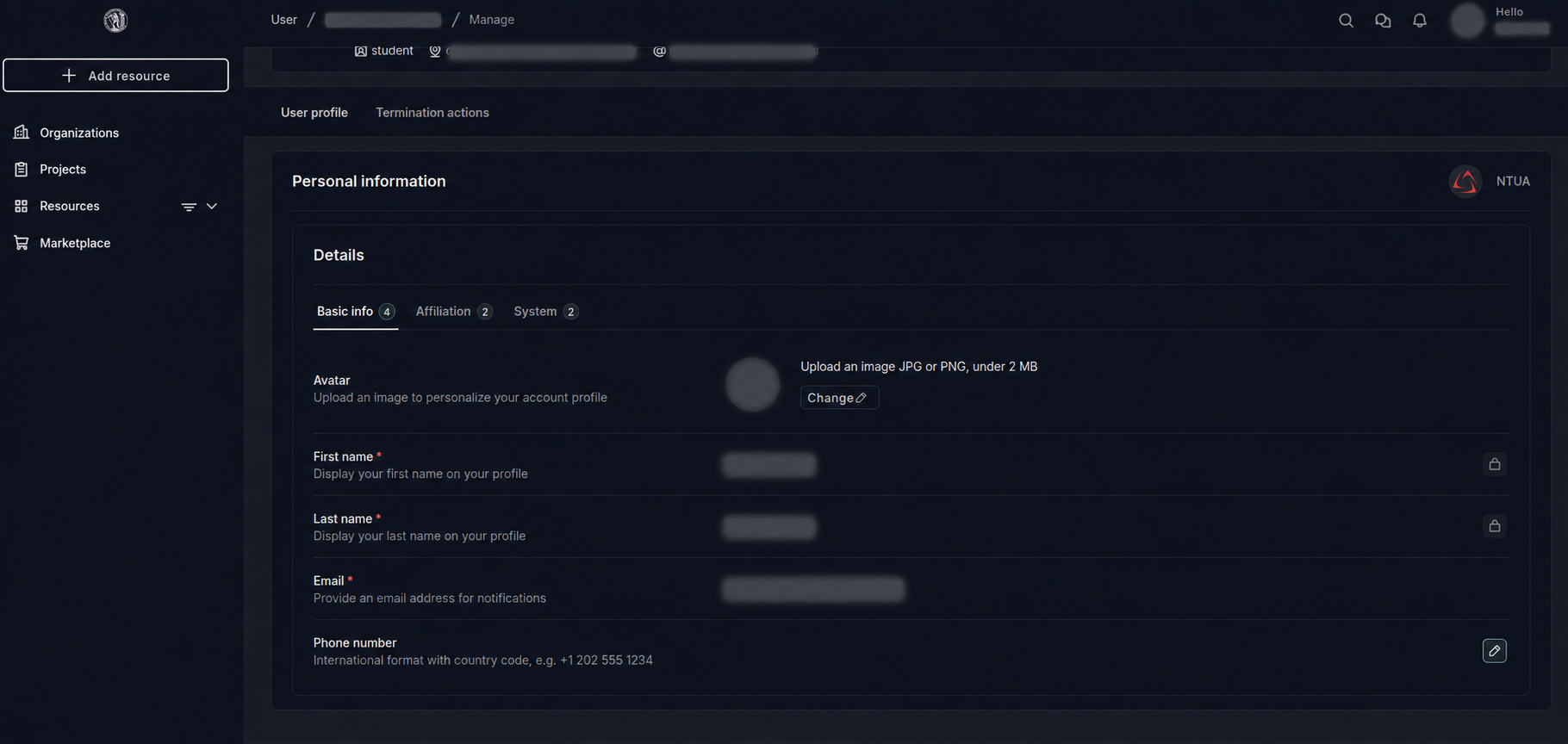 ICARUS user profile with identifying information redacted.