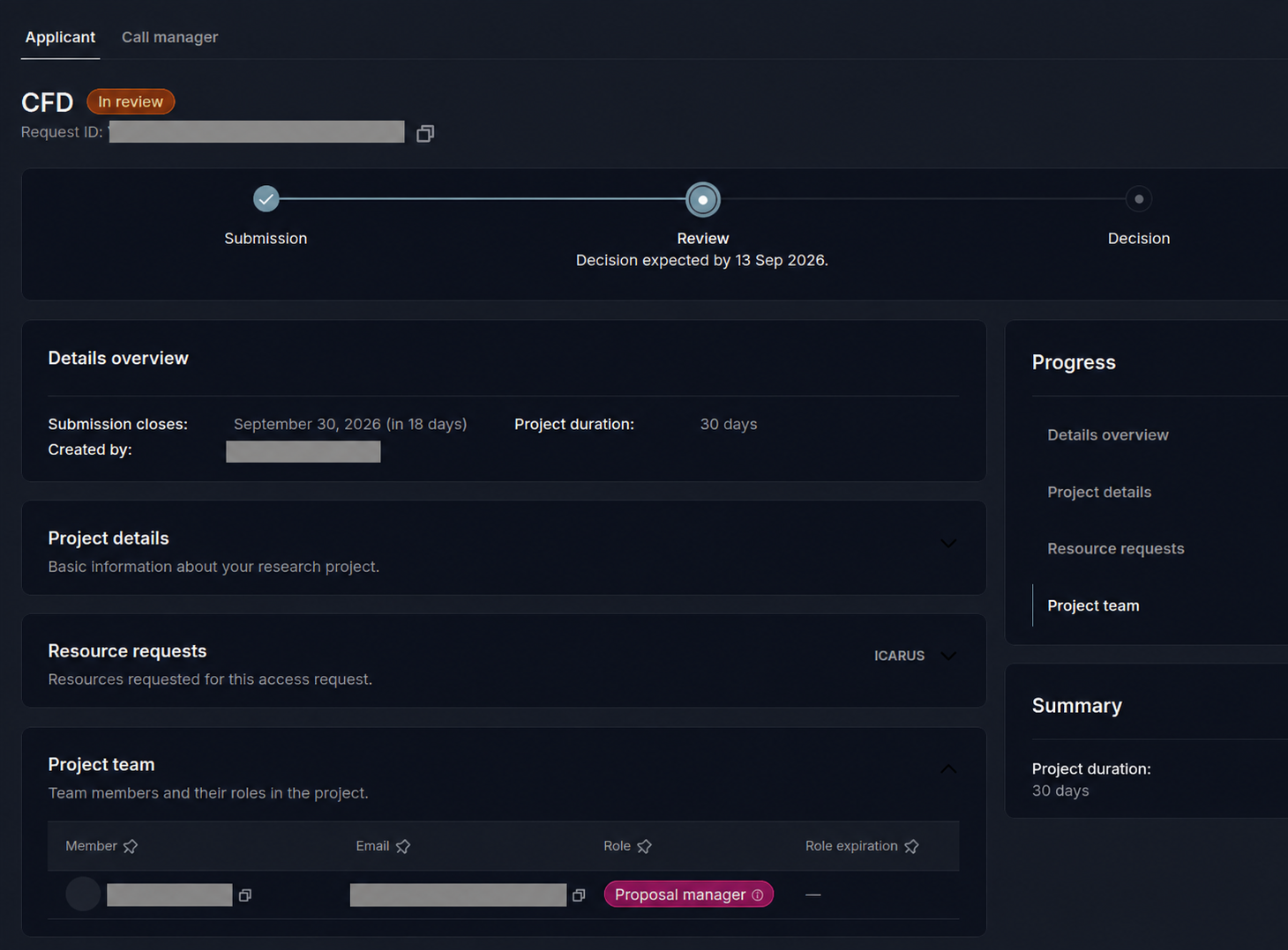 Submitted ICARUS proposal showing the review timeline and project team, with personal details and request ID obscured.