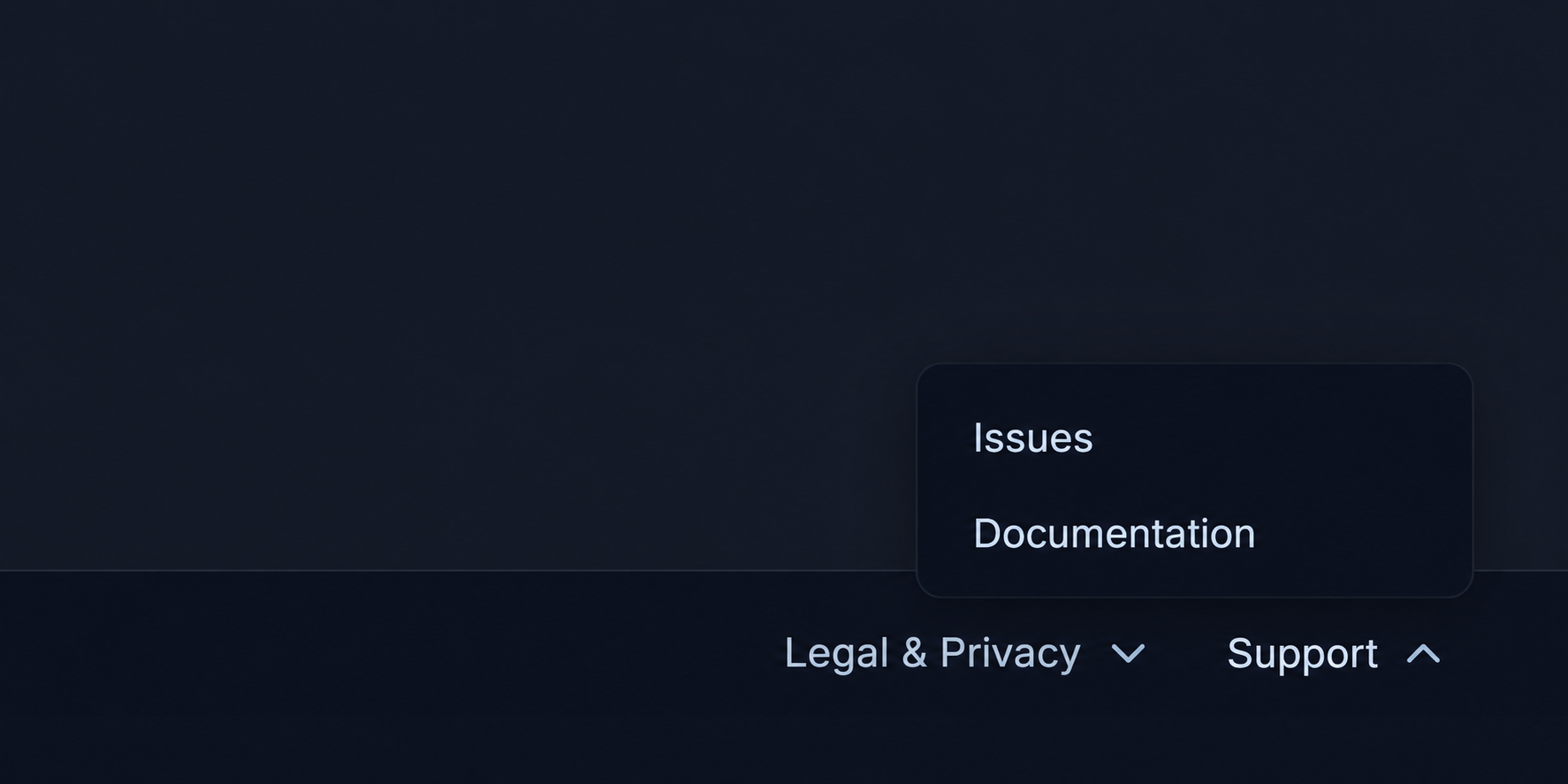 Bottom-right Support menu with Issues and Documentation options. Select Issues to access support tickets.
